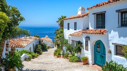 Fototapeta premium Spanish-style white stucco homes with terracotta roof tiles and teal door on cobblestone street along the ocean.