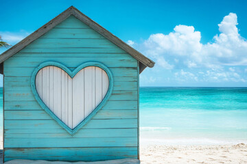 Cozy beach hut with a heart-shaped window by the turquoise sea on Valentine's Day