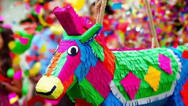 A vibrant donkey pi&ntilde;ata bursts with color, dangling amidst flying confetti, creating a festive Hispanic-inspired celebration backdrop