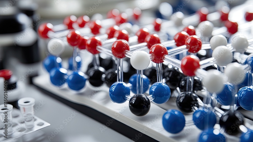 Poster biotech researchers using molecular models and precision tools to conduct experiments for dna and me