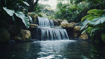 Serene Waterfall in a Tropical Oasis Surrounded by Lush Greenery