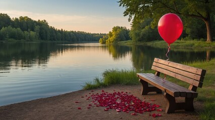 Romantic lakeside bench with red balloon and scattered petals. Love, romantic