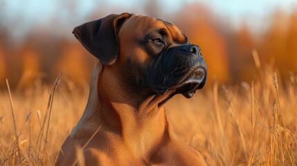 Fototapeta premium Majestic boxer in golden autumn field with striking morning light