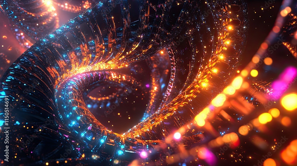 Poster brightly colored dna strands twisting into a helix in a glowing 3d environment, symbolizing molecula