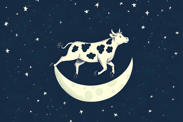 Fototapeta premium A playful cow dances on a crescent moon, surrounded by sparkling stars in a night sky