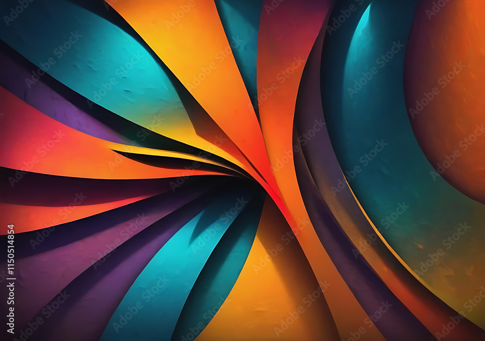 Poster glowing colors blend in a textured abstract background with bold and bright hues and shadows.