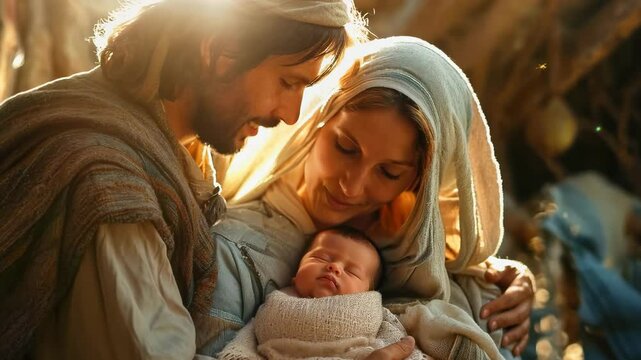 Sacred birth: video nativity scene, with holy mother Mary and holy father Joseph holding baby Jesus Christ, symbolizing humble beginnings of savior arrival in serene setting.