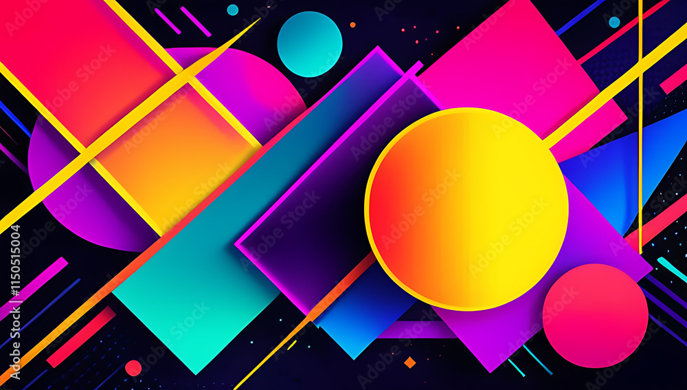 Poster glowing colors clash with a grainy texture on an abstract background and dark retro design elements 