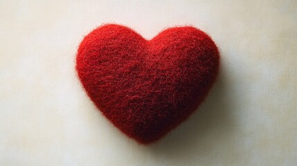 Fototapeta premium A red heart made of fuzzy material on a white and beige background.