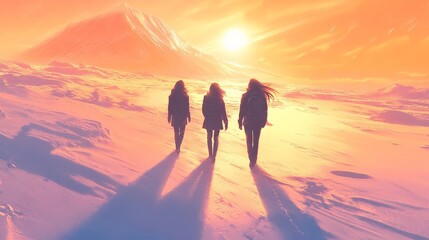 Fototapeta premium Three Friends Walking in the Snow at Sunset, Scenic Mountain Background