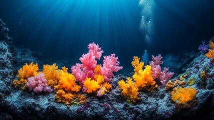 Naklejka premium coral reef underwater scene with colorful coral formations and sunlight shining through the water.