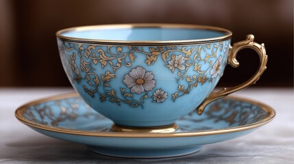 Elegant light blue teacup and saucer with gold floral design.