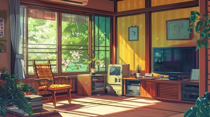 Sunlit Japanese-Style Living Room: A Serene Anime-Inspired Interior
