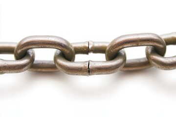 Obraz premium Broken Metal Chain Links Showing Wear and Tear on a White Background, Illustrating Loss of Strength and Function in a Crucial Component