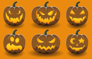Set of halloween cartoon style scary pumpkins with funny and scary smiles. Happy Halloween vector illustration.