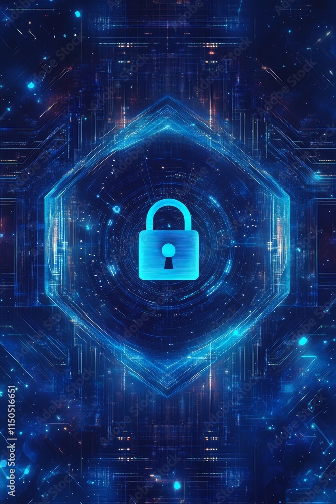 Poster digital padlock in a futuristic blue hexagonal environment with glowing lines and particles represen