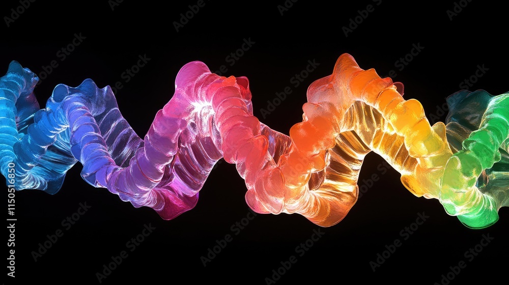 Poster glowing 3d dna double helix structure in vibrant colors, representing the building blocks of genetic