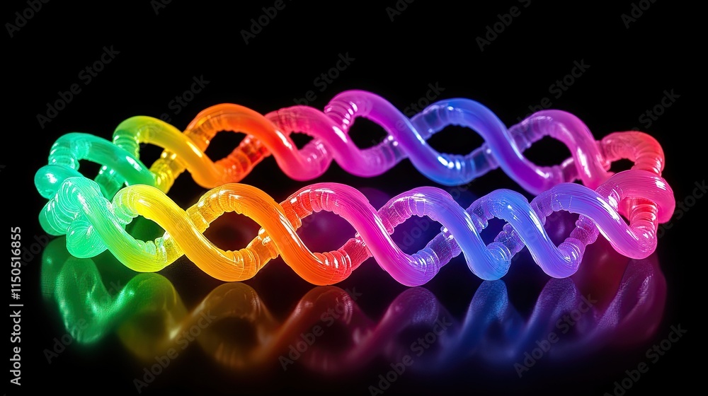 Poster glowing 3d dna double helix structure in vibrant colors, representing the building blocks of genetic