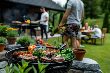 Obraz premium A vibrant outdoor scene featuring a family enjoying a barbecue in a lush garden. Grilled meat and vegetables sizzle on the grill, surrounded by greenery and flowers.