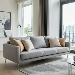 Modern Living Room Design Featuring a Stylish Gray Sofa With Accent Pillows in a Bright Urban Apartment