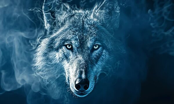 Mystical wolf portrait engulfed in blue smoke.