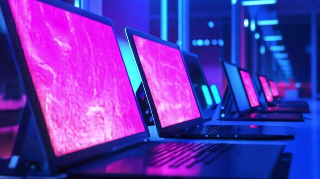 Modern workspace with vibrant illuminated laptops in a high-tech environment