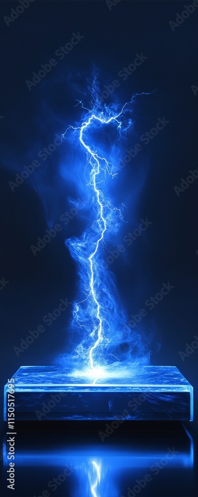 Poster blue lightning strikes from a crystal display, illuminating the dark atmosphere with vibrant energy 