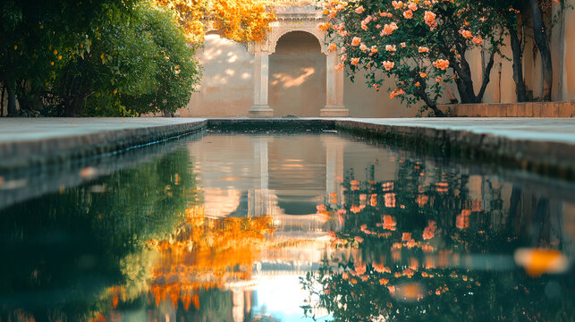 A serene depiction of the Hanging Gardens of Babylon reflected perfectly in a calm pool surrounded by fragrant blossoms.