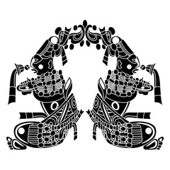 Symmetrical ethnic design with two seated Mayan men. Indigenous Native American art. Black and white silhouette.