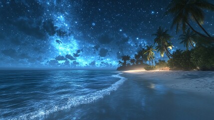 A serene and enchanting night-time beach scene with a star-filled sky.