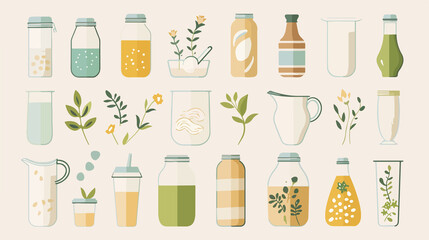 Plant-Based Milk Icon Set Flat Vector Illustration
