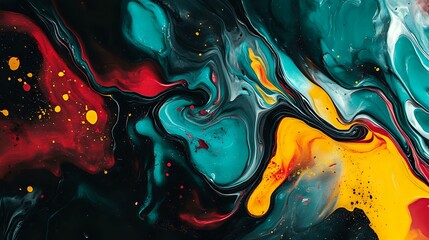 Bold splashes of crimson and yellow collide with swirling waves of teal and black, creating a high-energy abstract composition