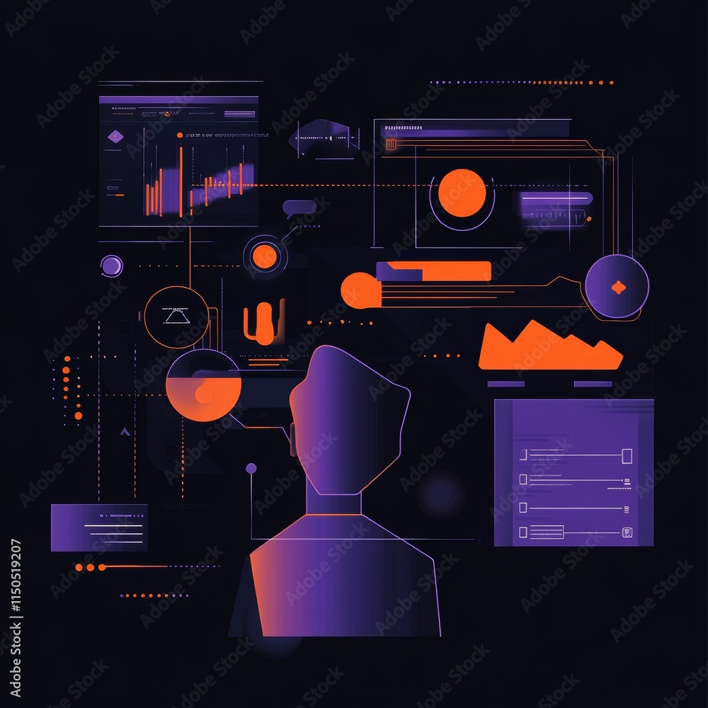 Poster data analysis in a digital workspace with vibrant graphics and charts illustrated on multiple screen