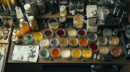 Researcher lab setup with numerous petri dishes of bacterial colonies and fungal cultures arranged systematically.