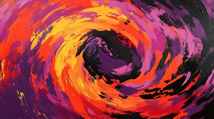 Bold splashes of fiery red and tangerine ripple into swirling streaks of purple and black, forming a dramatic abstract pattern