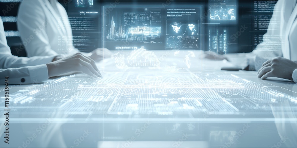 Poster 2025 goal setting concept. futuristic meeting with holographic data visualization on a table.