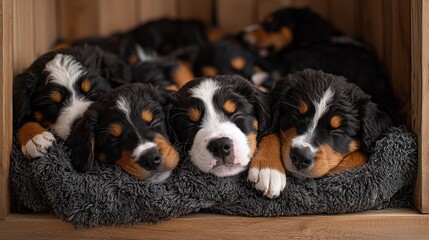 Adorable bernese mountain dog puppies sleeping in a cozy pile