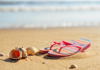 Obraz premium Pink flip-flops and seashells lie on a sandy beach with gentle ocean waves in the background, creating a serene summer vacation scene