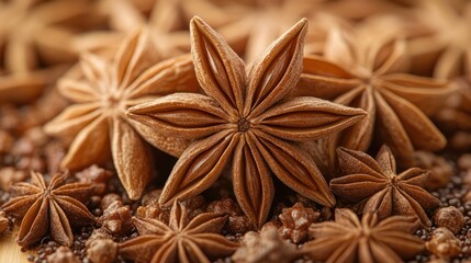 Close-up of star anise spice, showcasing its intricate star shape and brown color, resting on a bed of small brown seeds.