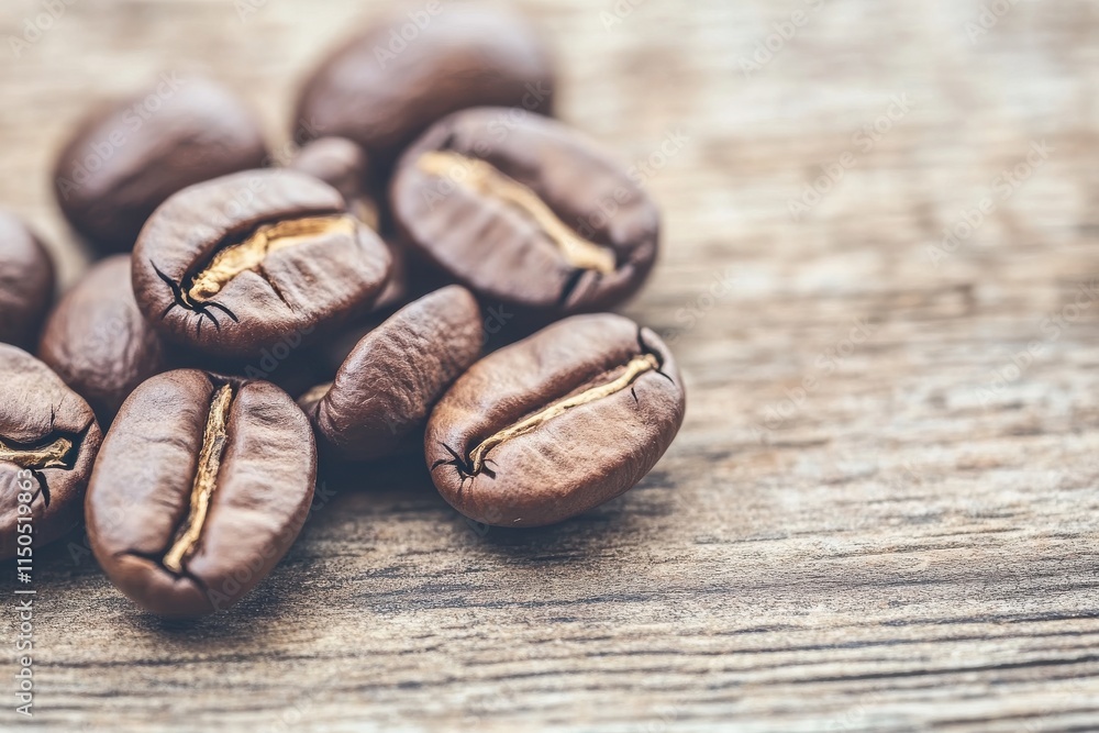 Poster scattered roasted coffee beans on a rustic wooden table with soft warm light and a blank space for c