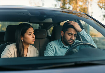 Obraz premium Young couple arguing while driving in a car, man feeling stressed and frustrated