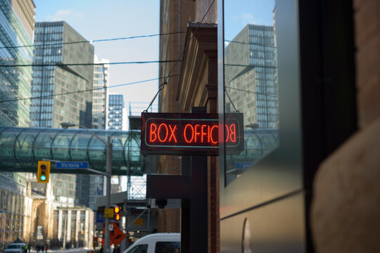looking east on Shuter St at Victoria St in Toronto, Canada (Box Office sign at Massey Hall)