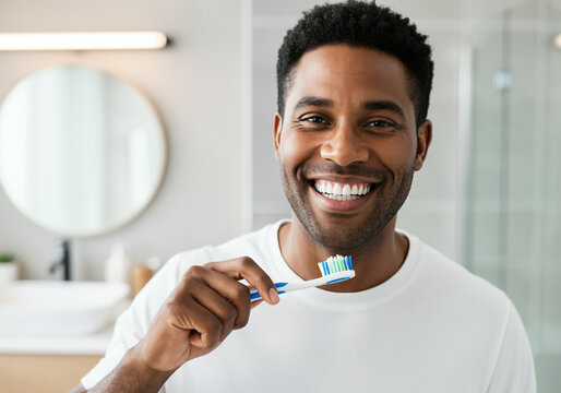 Portrait of smiling man holding toothbrush, promoting oral hygiene and dental health in modern bathroom