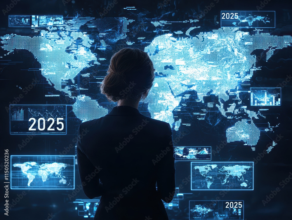 Poster 2025 goal setting concept. a person observing a digital world map with futuristic data overlays.