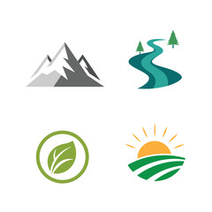Set of nature logo icons, leaf logo, mountain logo, roads logo