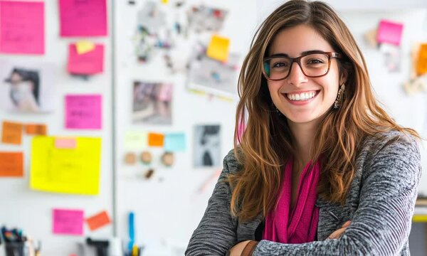Female designer working confidently in modern office, smiling professionally while standing near computer, embodying creative workplace expertise