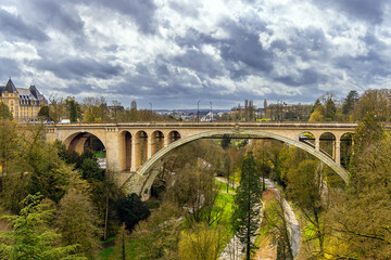Fototapeta premium Luxembourg City, Adolphe bridge, heavy clouds