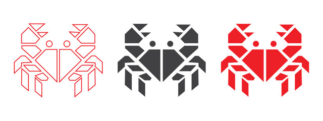 a vector illustration of an geometric shape crab, outline and black filled icon symbol graphics on white background 