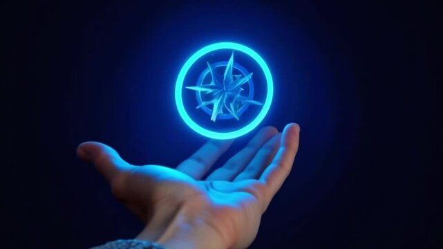 Hand holding glowing blue compass symbol in dark background