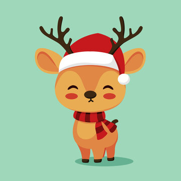 illustration of a cute christmas reindeer with a happy expression, and wearing a christmas scarf and hat. With an isolated blue background. Great for logos, t-shirt designs, greeting cards, etc